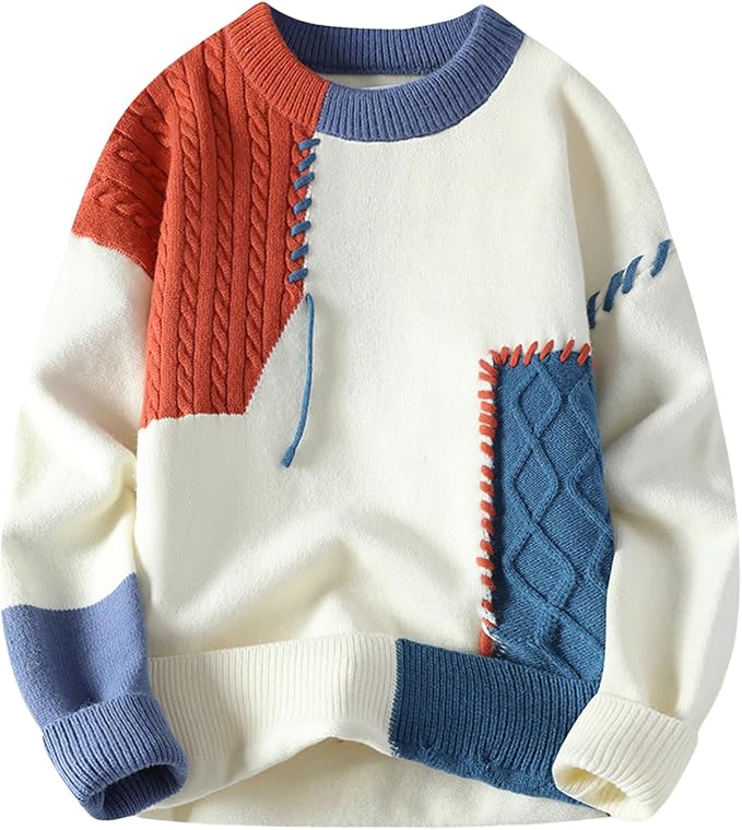 Veranixum – GURUNVANI Men’s Oversized Patchwork Cable Knit Sweater | Casual Winter Pullover