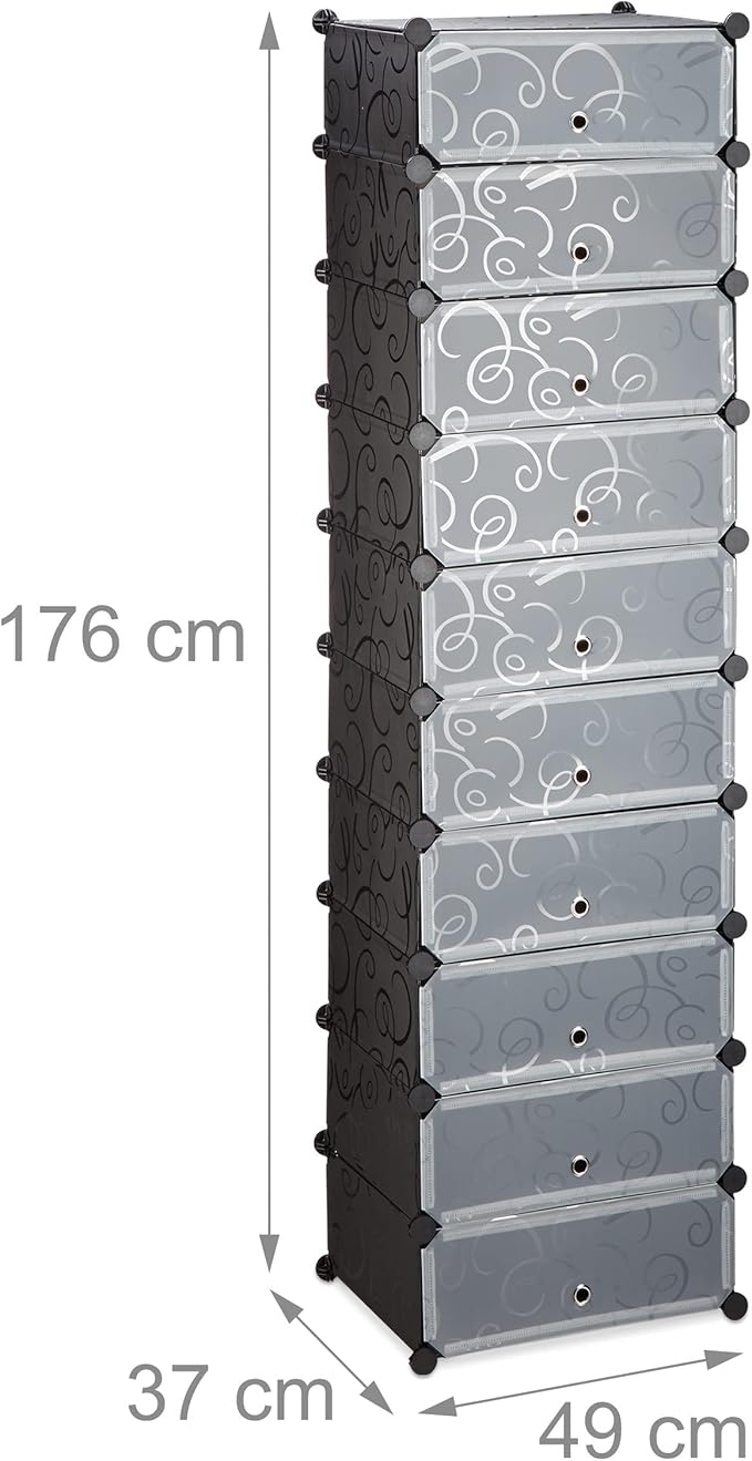 Veranixum – Relaxdays Modular Shoe Cabinet with 10 Compartments | DIY Plastic Storage, Space-Saving, Black (176×49×37 cm)